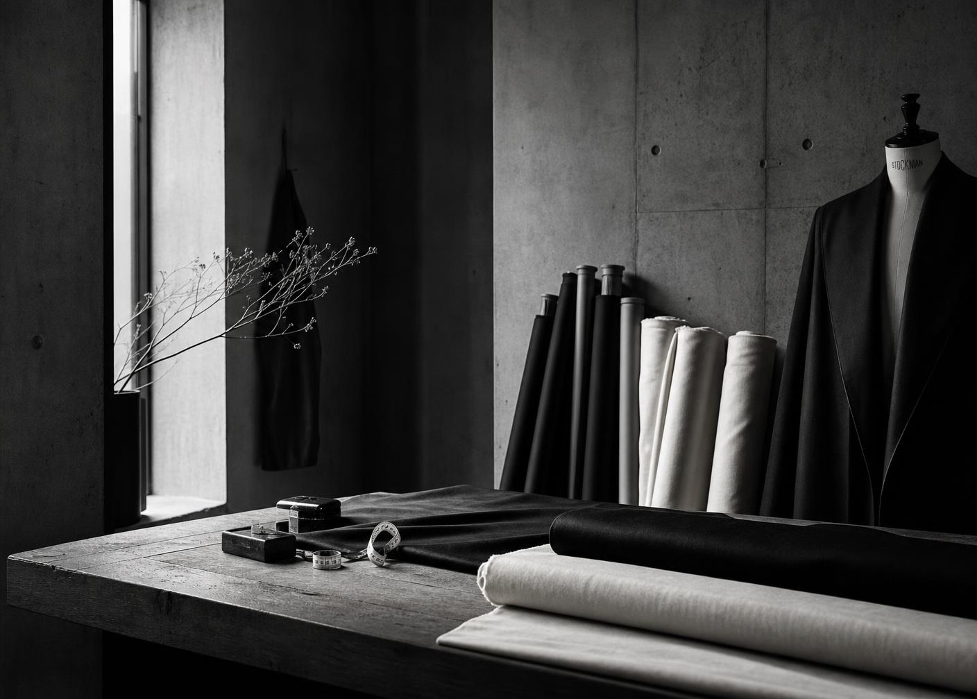 Minimal EUVRΛN atelier with fabric rolls, a wooden cutting table, and a single garment form