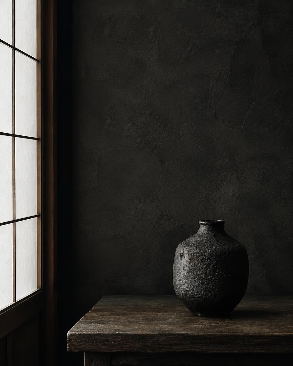Handmade black ceramic vessel on a dark wooden table beside a shoji screen