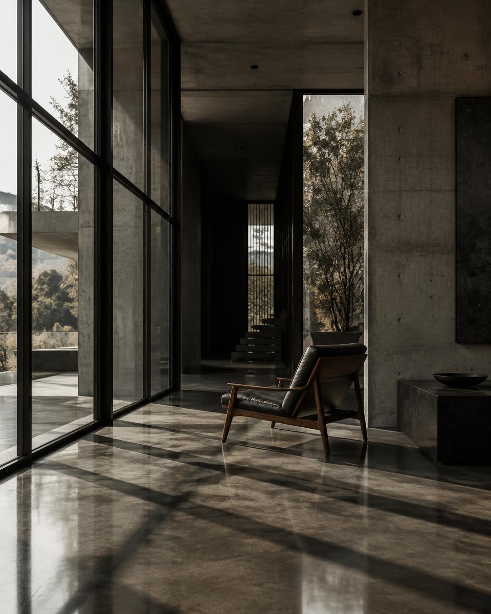 Concrete and glass interior with steel window grid and a leather lounge chair