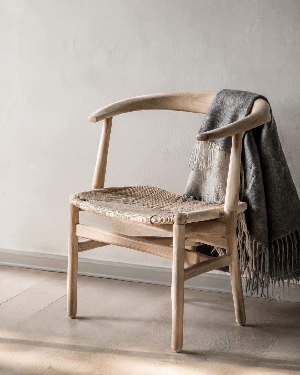 Pale ash chair with woven paper-cord seat and a grey wool throw in soft daylight