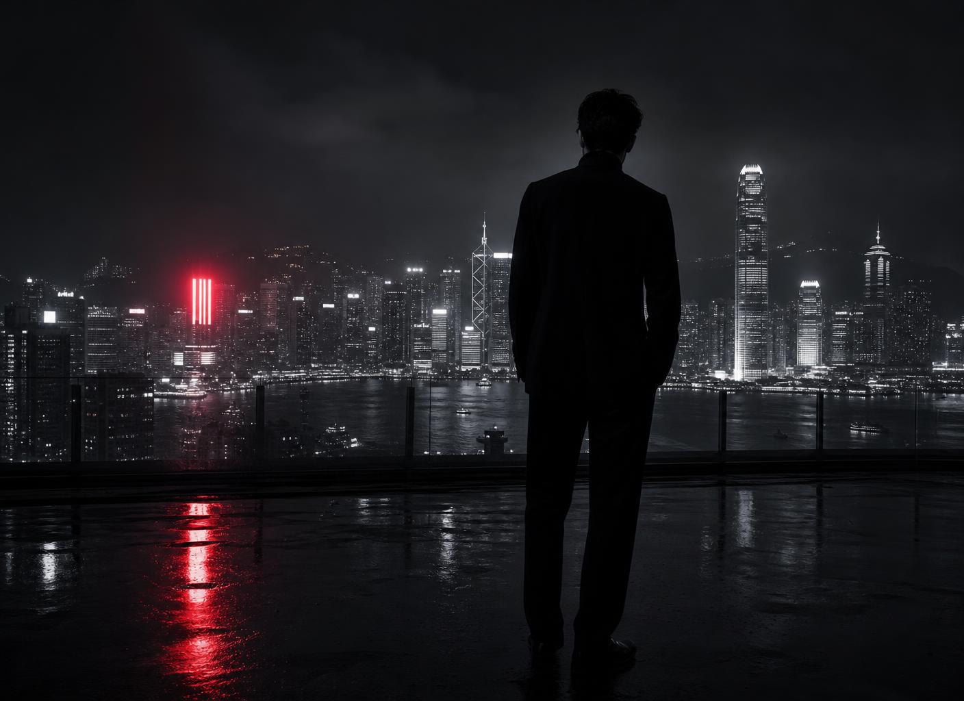 Silhouetted man viewing the Hong Kong skyline at night with a red neon accent