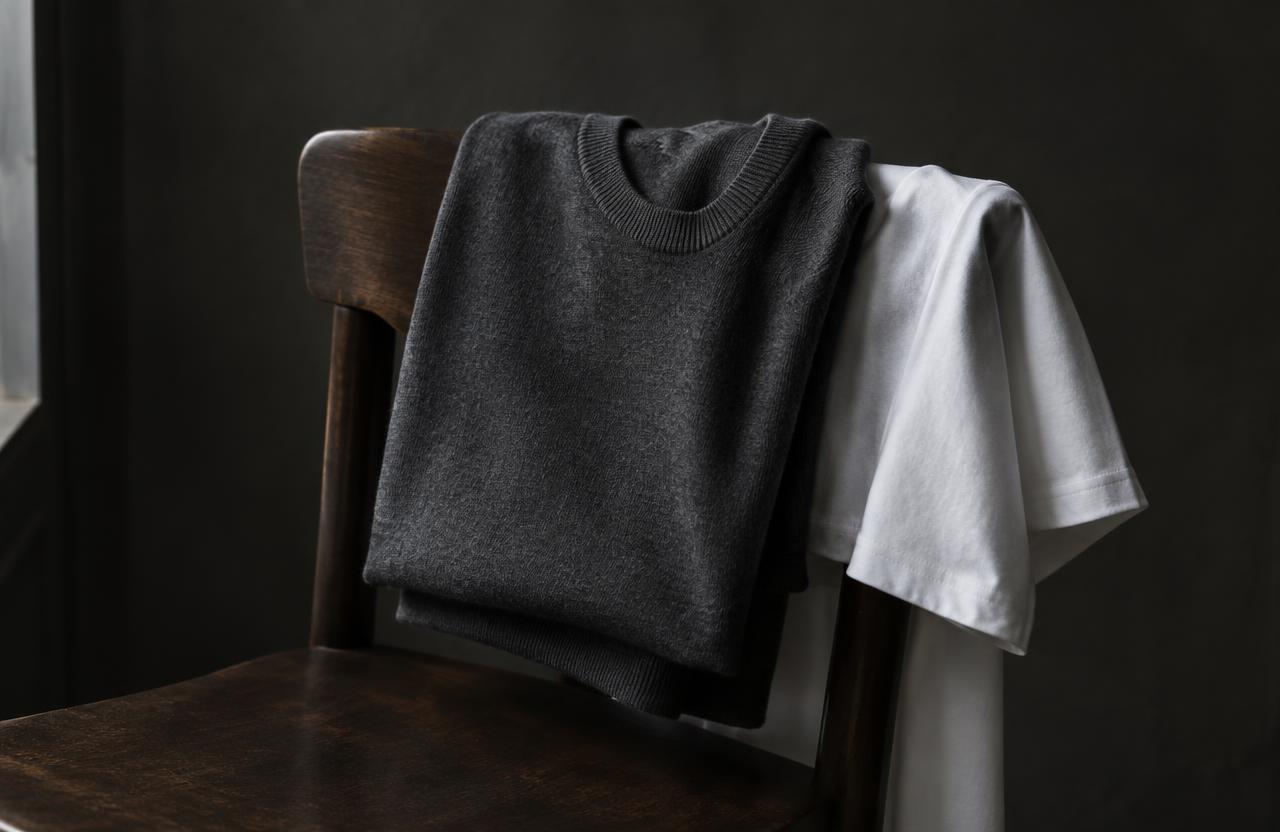 A charcoal merino crew-neck sweater draped over a dark wooden chair beside a white T-shirt