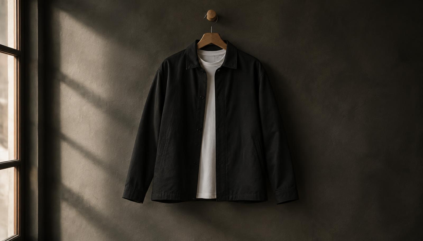 A black overshirt hanging over a white T-shirt against a dark wall