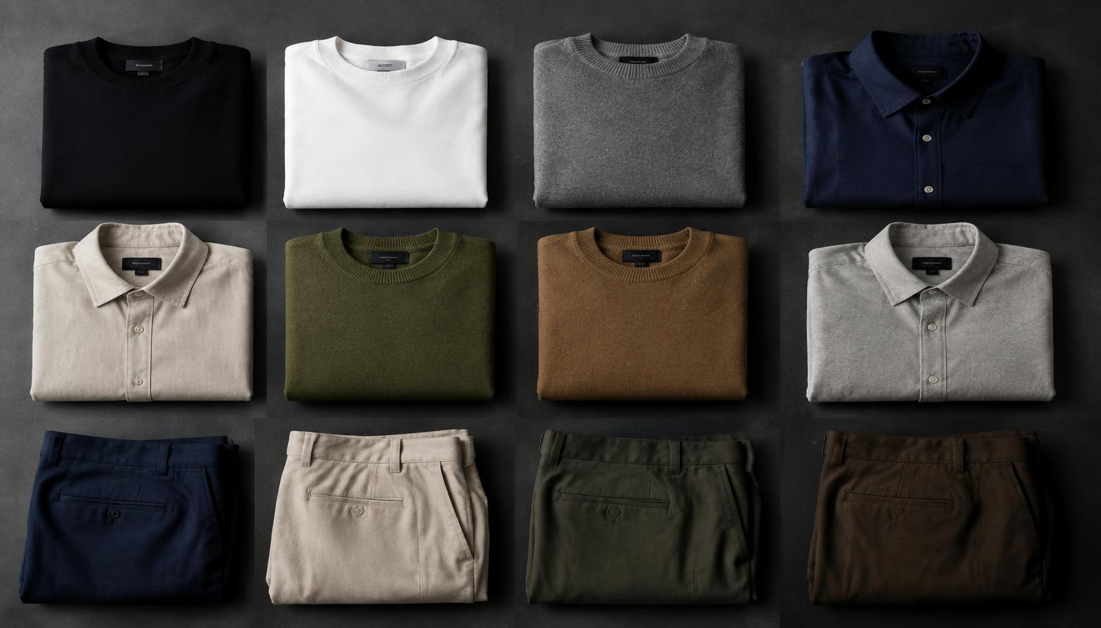 Folded menswear in black, white, grey, navy, stone, olive and brown