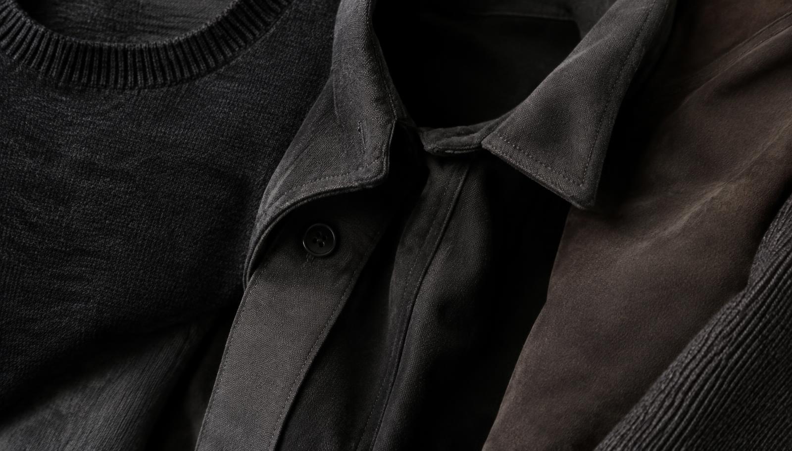 Close-up of charcoal merino knit, brushed cotton overshirt and suede textures