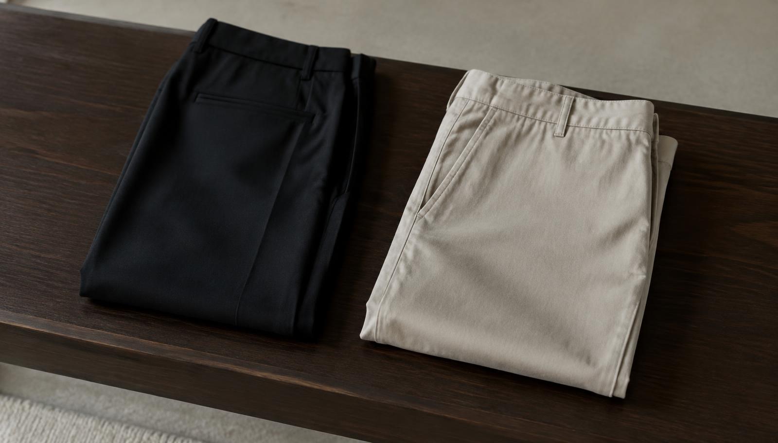 Structured black trousers beside relaxed stone chinos on a dark wooden bench