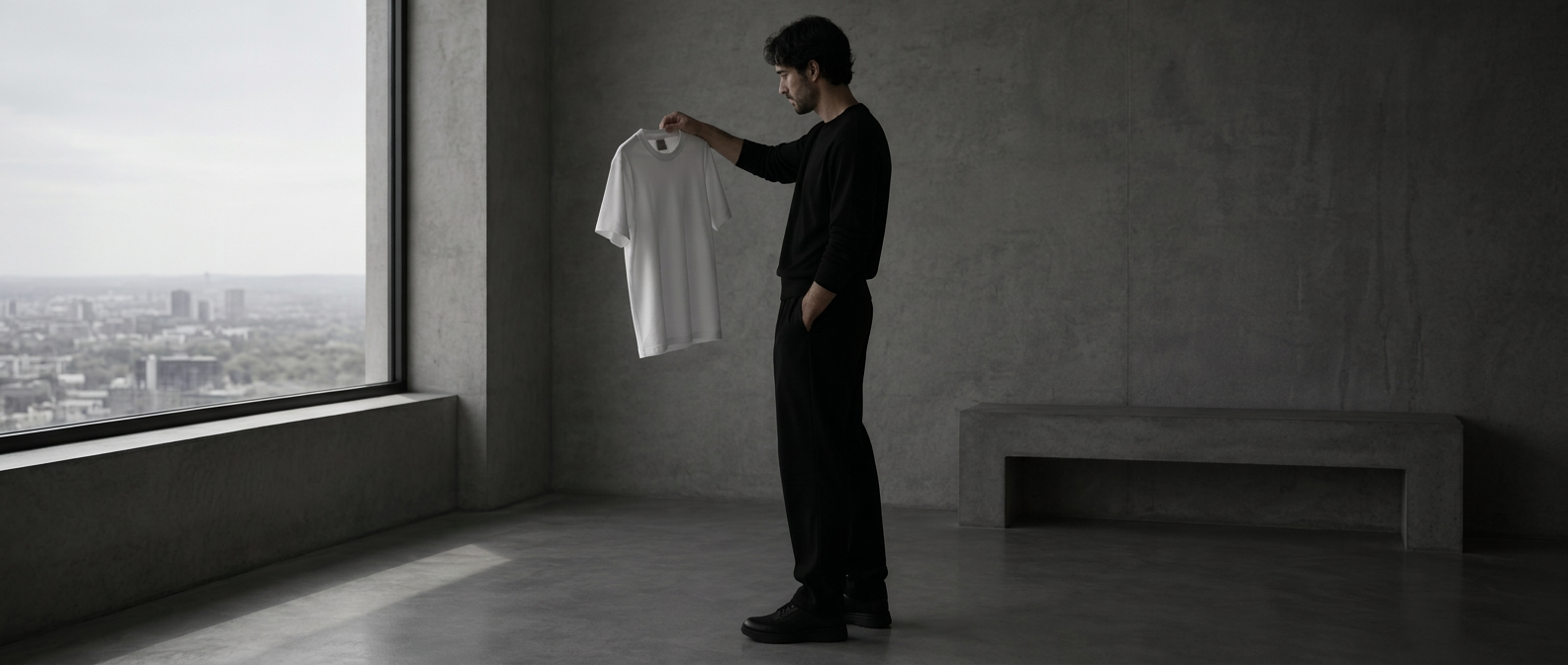 A man in black holding a white T-shirt as if deciding whether it belongs in his wardrobe
