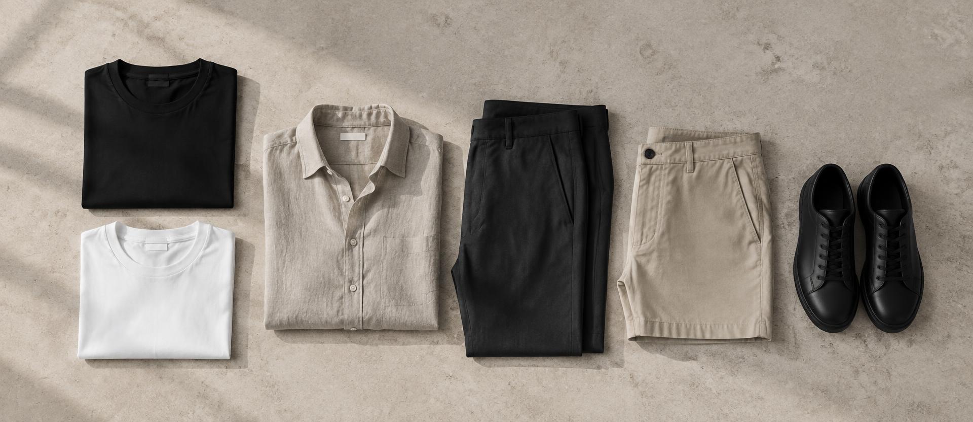 A flat lay of capsule wardrobe essentials: black and white T-shirts, a neutral linen shirt, black trousers, sand shorts and black trainers