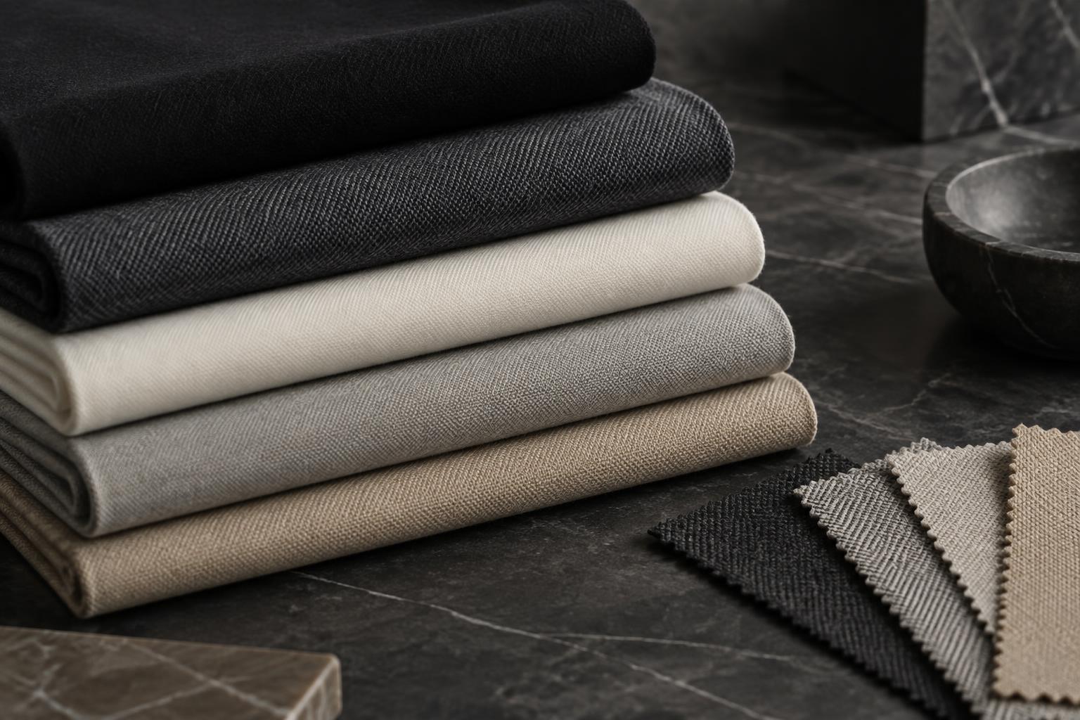 Folded neutral fabric swatches in black, charcoal, off-white, grey and sand