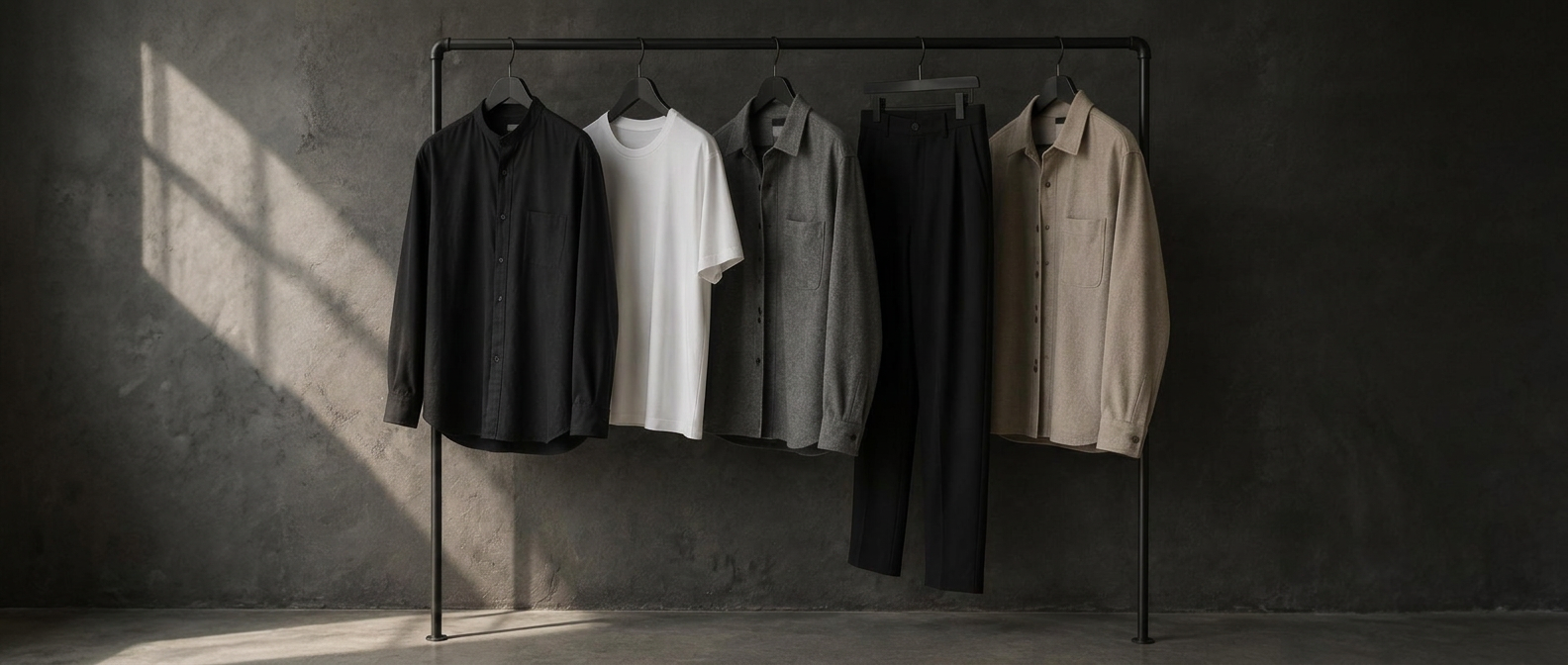 A curated rail of black, white, grey and sand minimalist menswear pieces