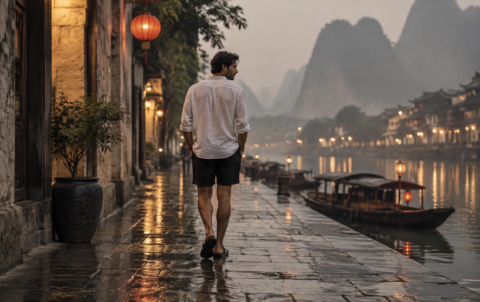A man in a white linen shirt and black shorts walking through a humid city at dusk