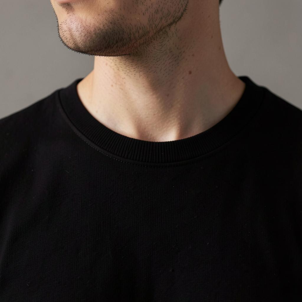 Ribbed crew neckline sitting close to the base of the neck on a black T-shirt