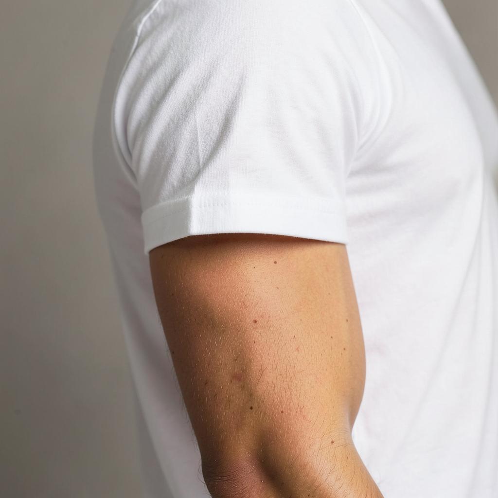 White T-shirt sleeve finishing around the middle of the upper arm
