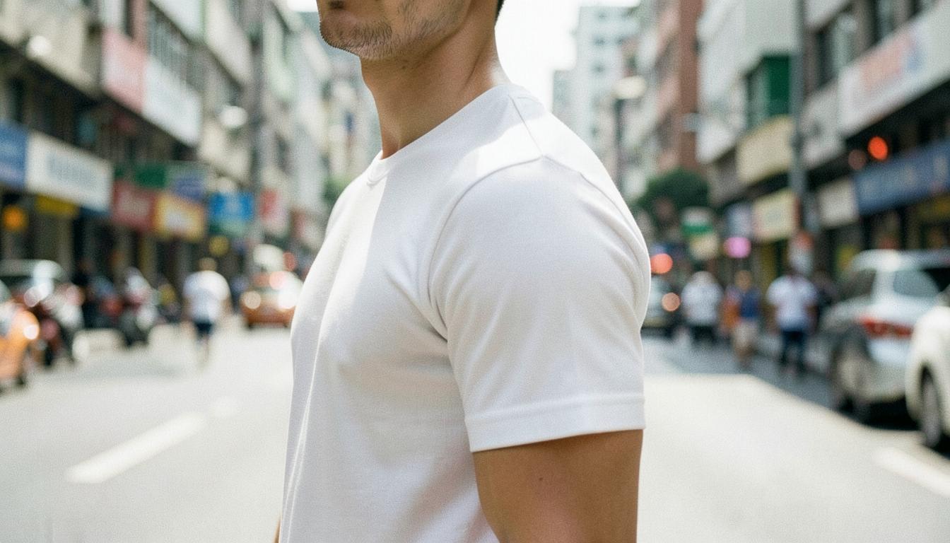 A plain white T-shirt with the right proportions on a summer street
