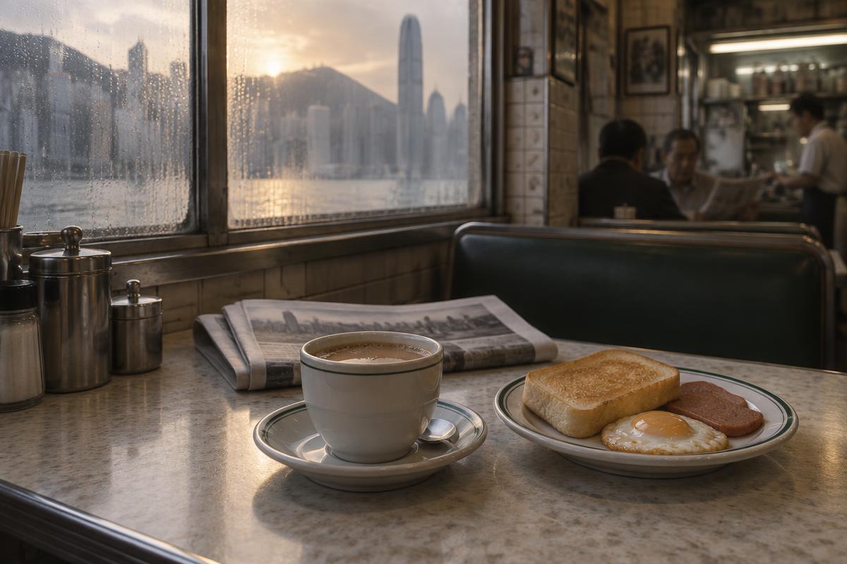 Morning tea, toast and a newspaper on a table in a Hong Kong cha chaan teng with soft early light