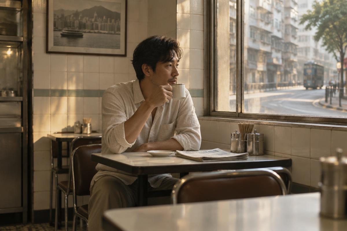 A man in a lightweight linen shirt sitting with tea in a quiet Hong Kong café before the morning rush