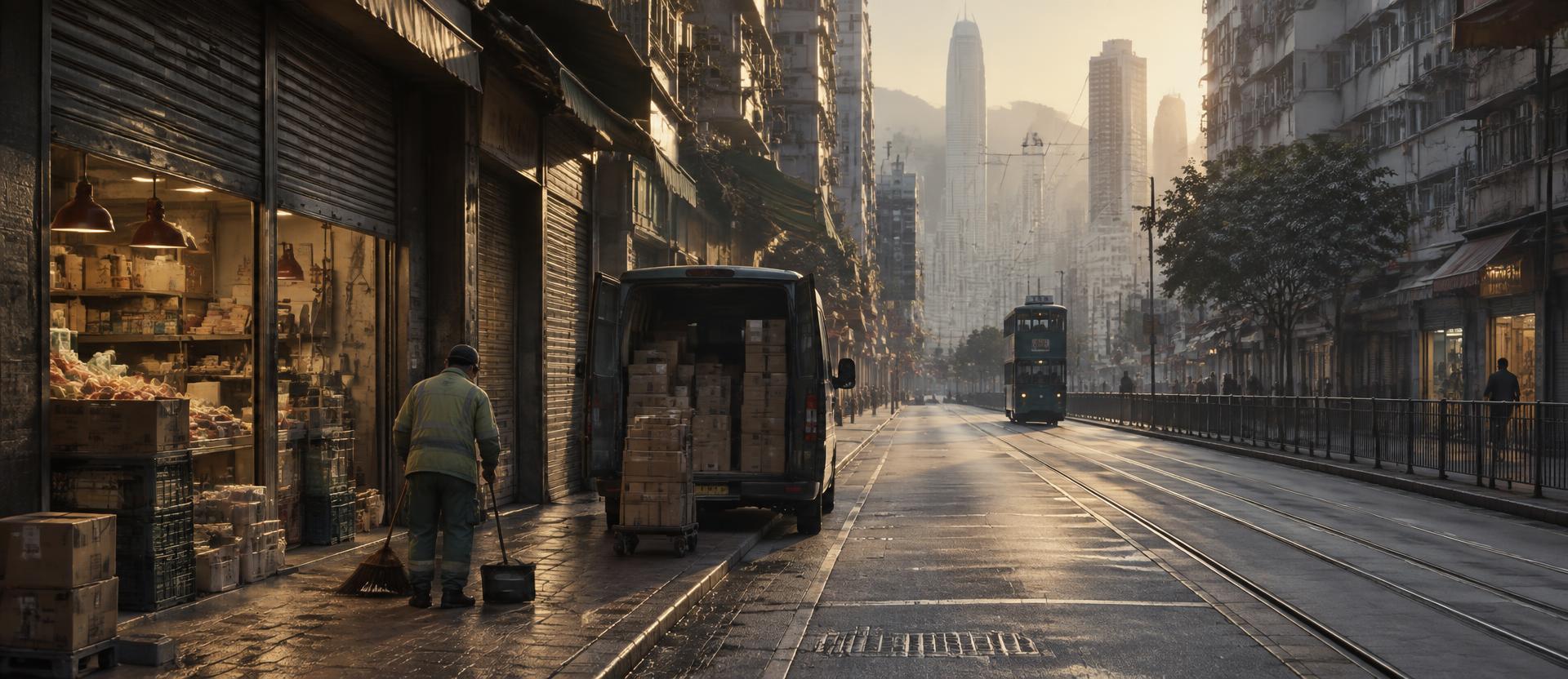 A quiet Hong Kong street at dawn with a delivery van, stacked boxes and a street cleaner in soft morning light
