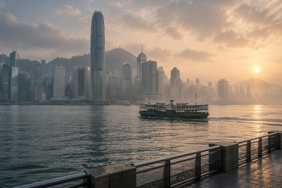 A ferry crossing Victoria Harbour at sunrise with the Hong Kong skyline in soft morning light