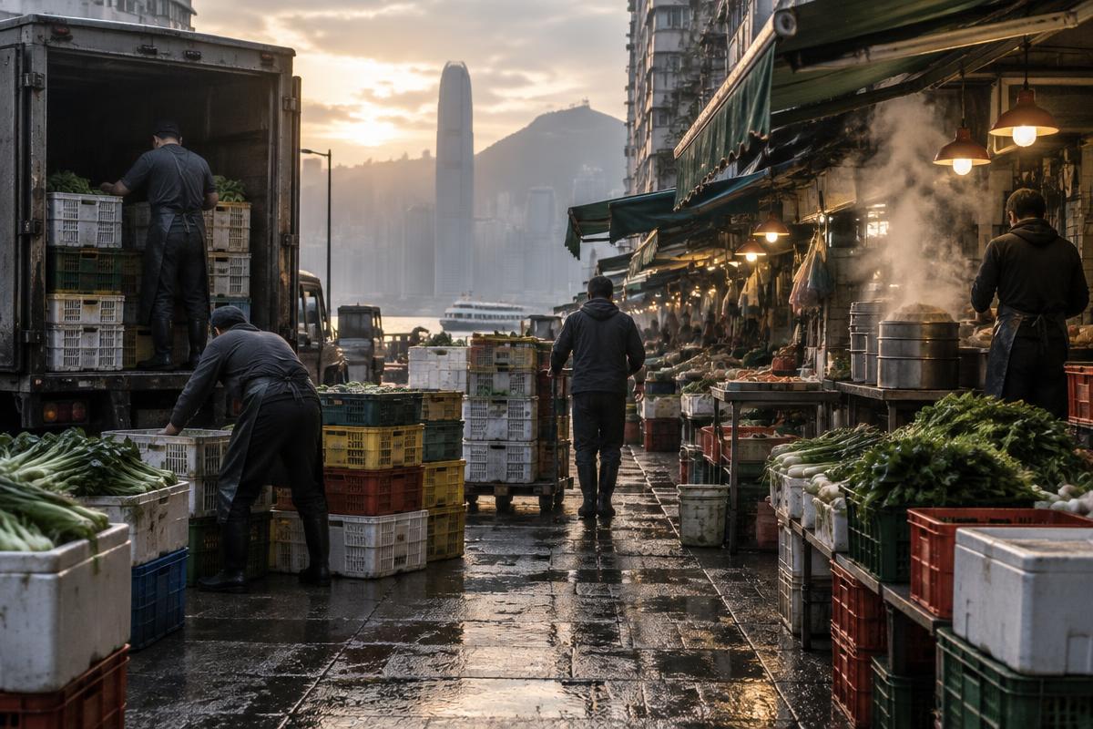 Workers and market traders preparing crates and stalls at a Hong Kong wet market before the morning rush