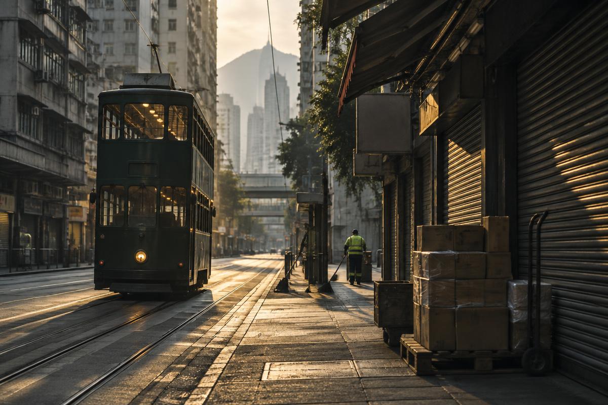 A Hong Kong tram moving along a quiet early morning street with delivery boxes and soft golden light
