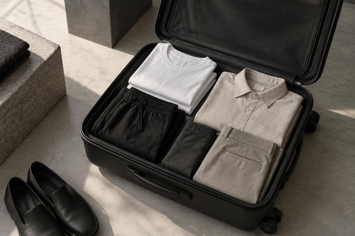 A minimalist black carry-on suitcase neatly packed with black, white, sand and grey clothing for a Hong Kong trip