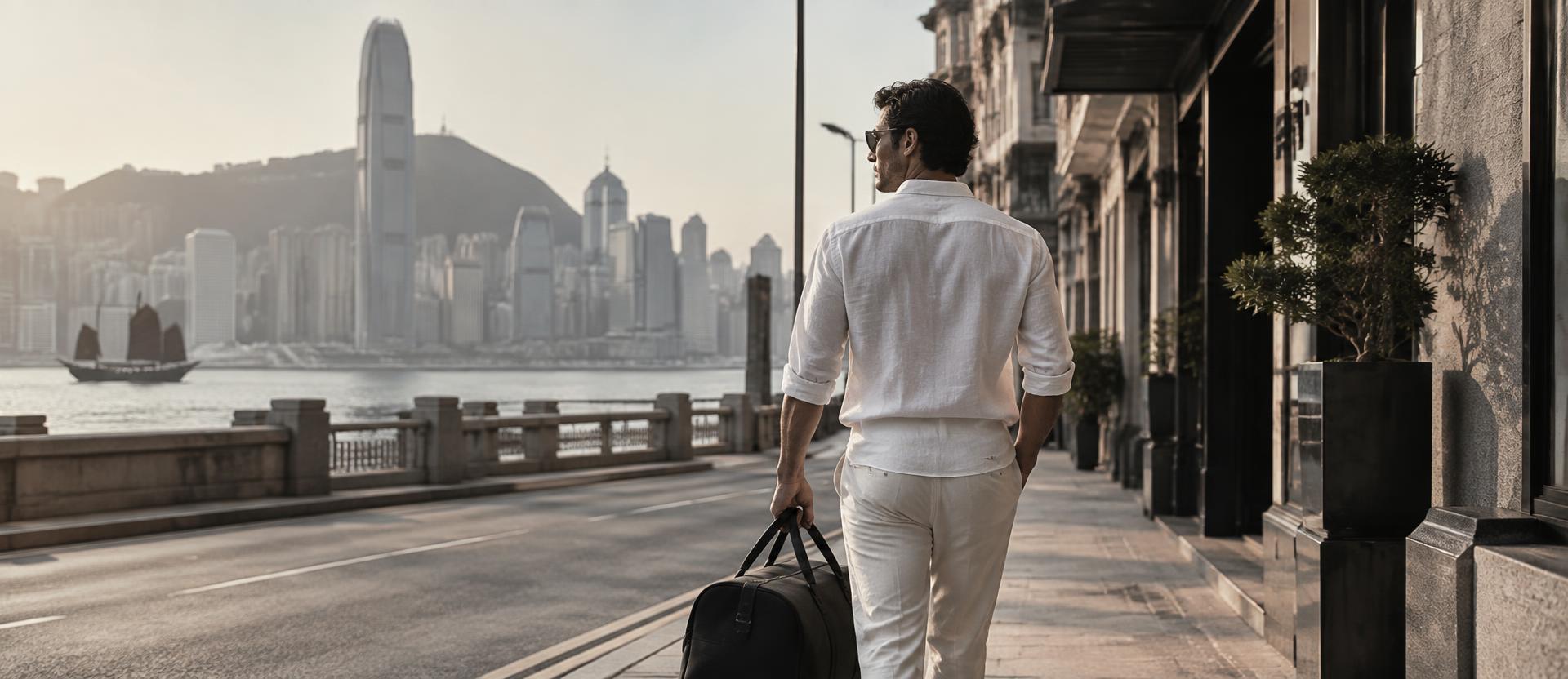 A man in a white linen shirt and neutral trousers walking along the Hong Kong harbourfront with a compact travel bag