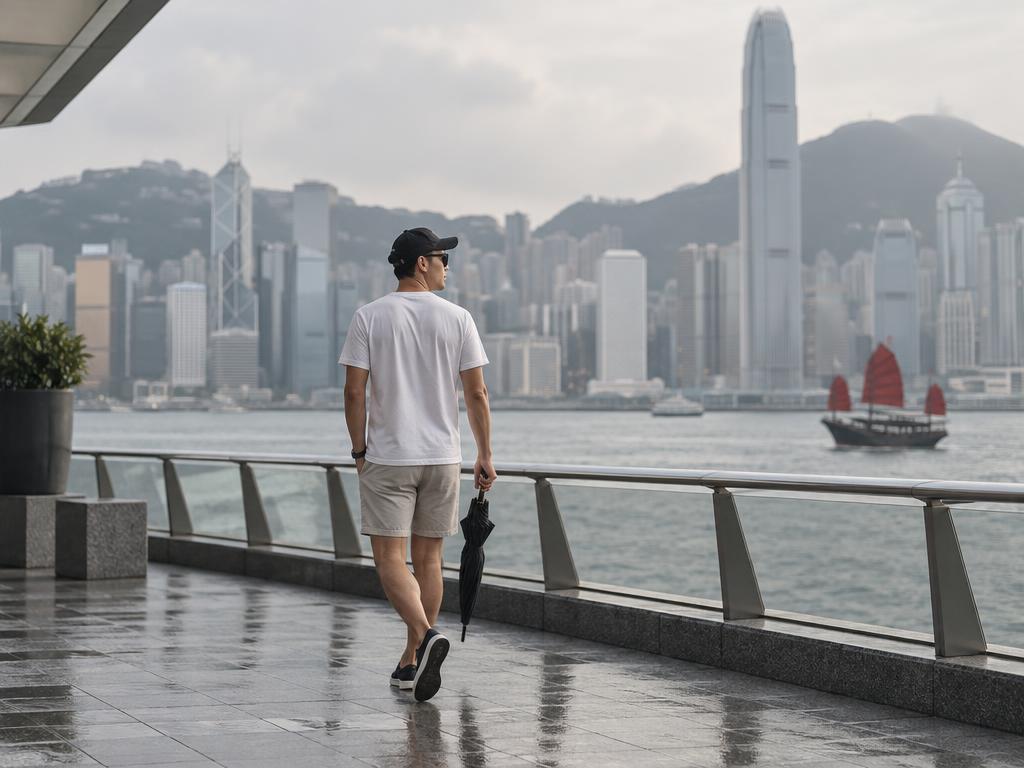 A man walking along the Hong Kong harbourfront in a white T-shirt, neutral shorts, black cap and sunglasses, carrying a compact umbrella