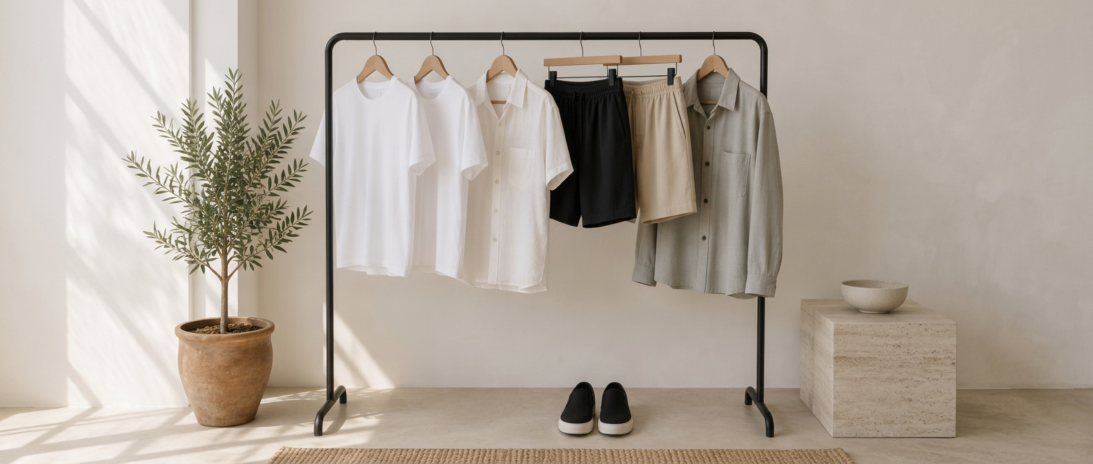 A capsule wardrobe of white T-shirts, a white linen shirt, black and sand shorts, a grey overshirt and black sneakers