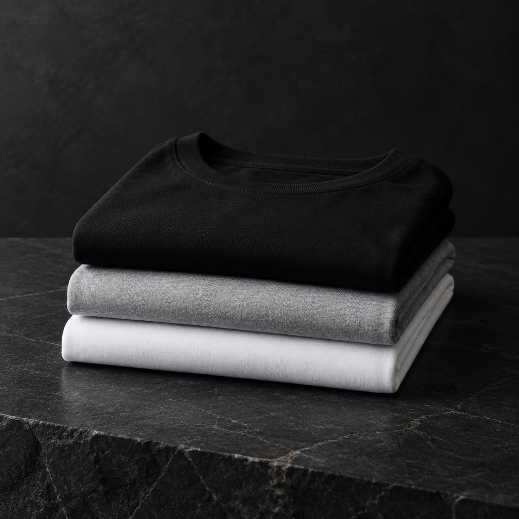 Une pile de T-shirts légers pliés en blanc, gris et noir