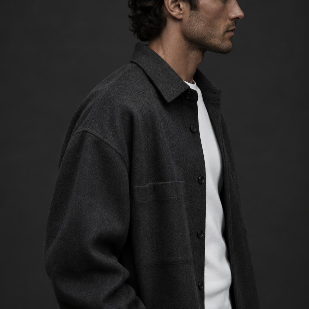 Un homme portant une surchemise anthracite ample sur un T-shirt blanc