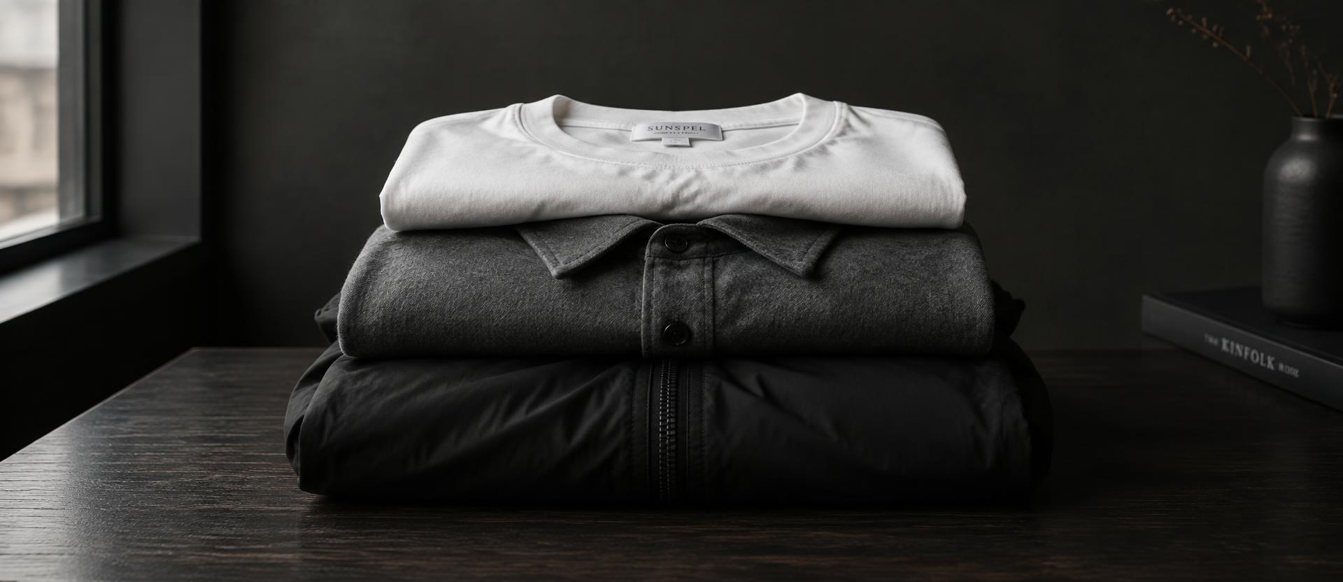 Un T-shirt blanc, une surchemise grise et une veste noire pliés et empilés par poids de tissu