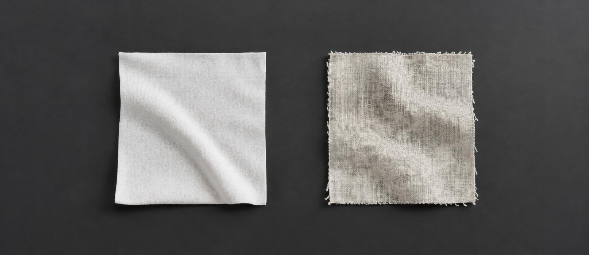 A smooth white cotton fabric swatch beside a textured off-white linen swatch on a dark surface