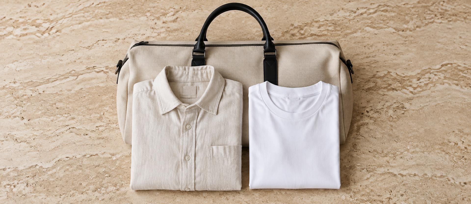 A folded linen shirt and white cotton T-shirt placed on a neutral weekender bag