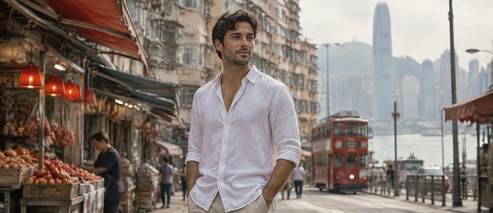 A lightweight white linen shirt worn on a humid Hong Kong street in summer