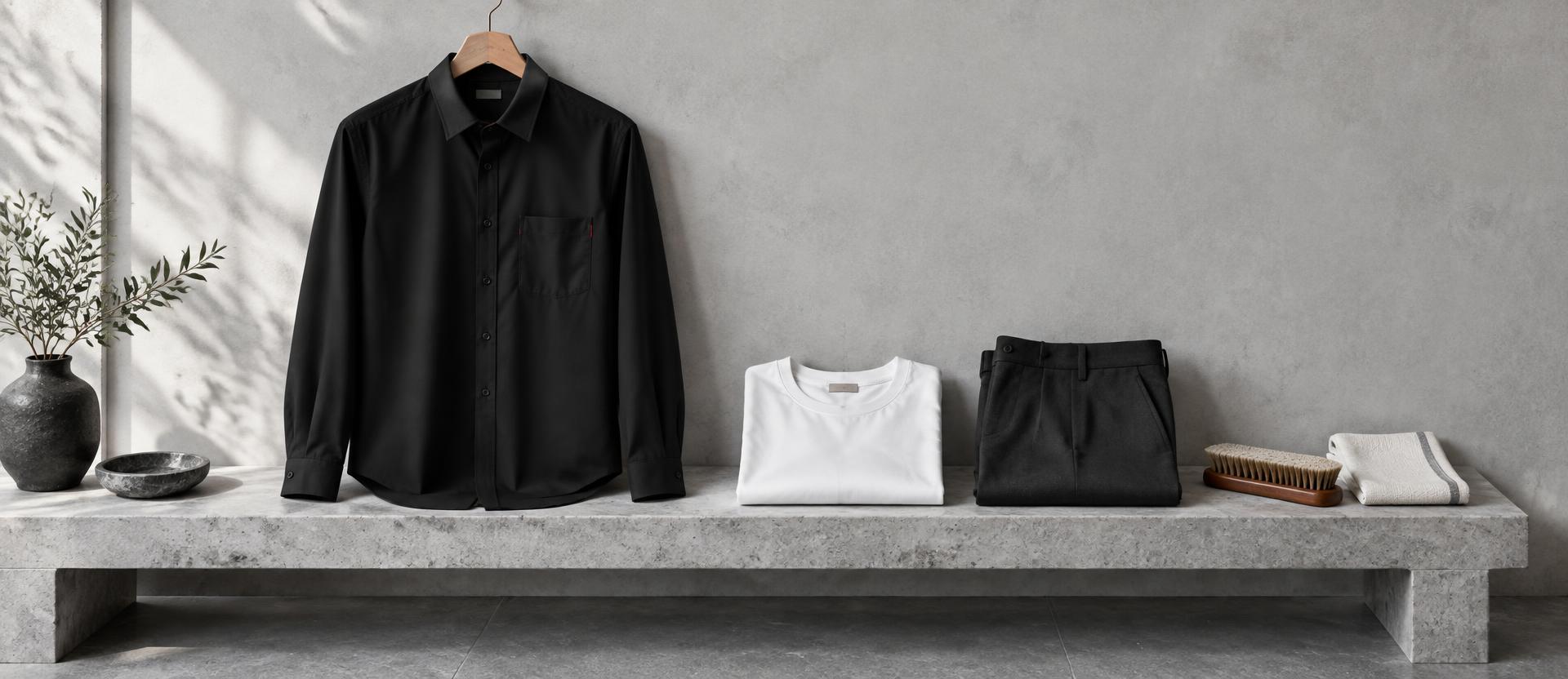 A black shirt, folded white T-shirt and dark trousers arranged with simple clothing-care tools