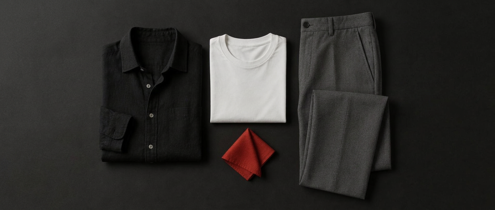 A minimal flat lay of black shirt, white tee and grey trousers with one vermilion accent