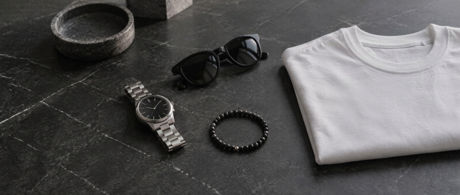 A steel watch, beaded bracelet, black sunglasses and a folded white t-shirt on dark stone