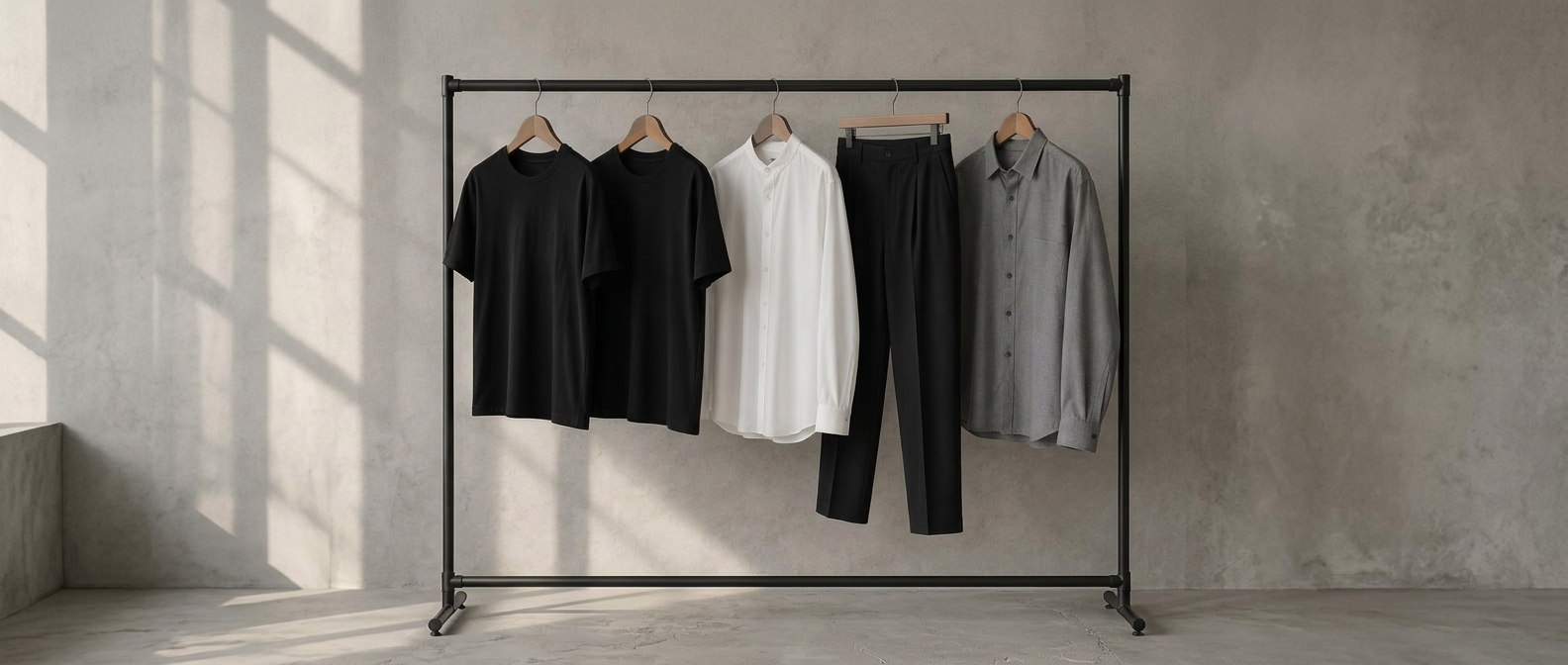 A minimal clothing rail holding five monochrome garments