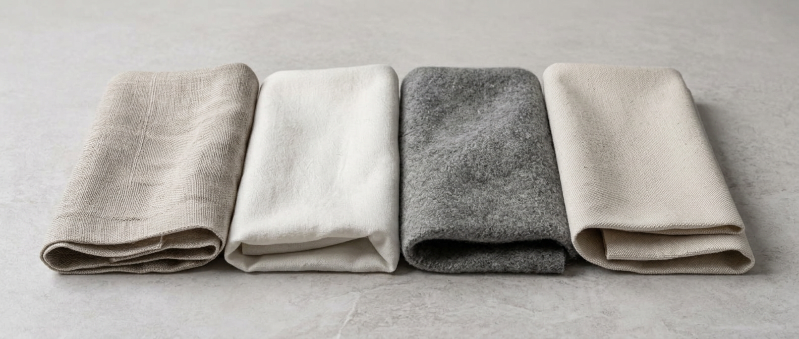 Folded linen, brushed cotton, grey wool and raw canvas in neutral tones