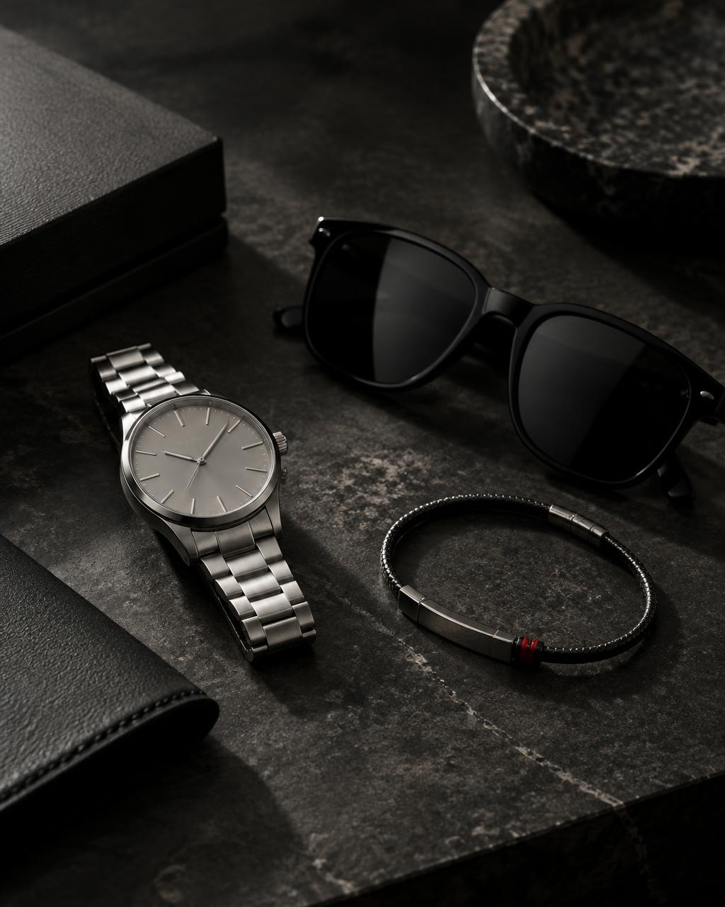 A silver watch, black sunglasses and a slim bracelet with a small red detail