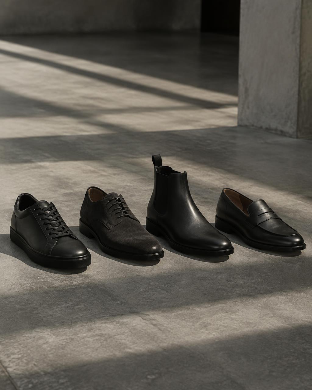 A black trainer, suede shoe, minimal boot and loafer in a row on concrete