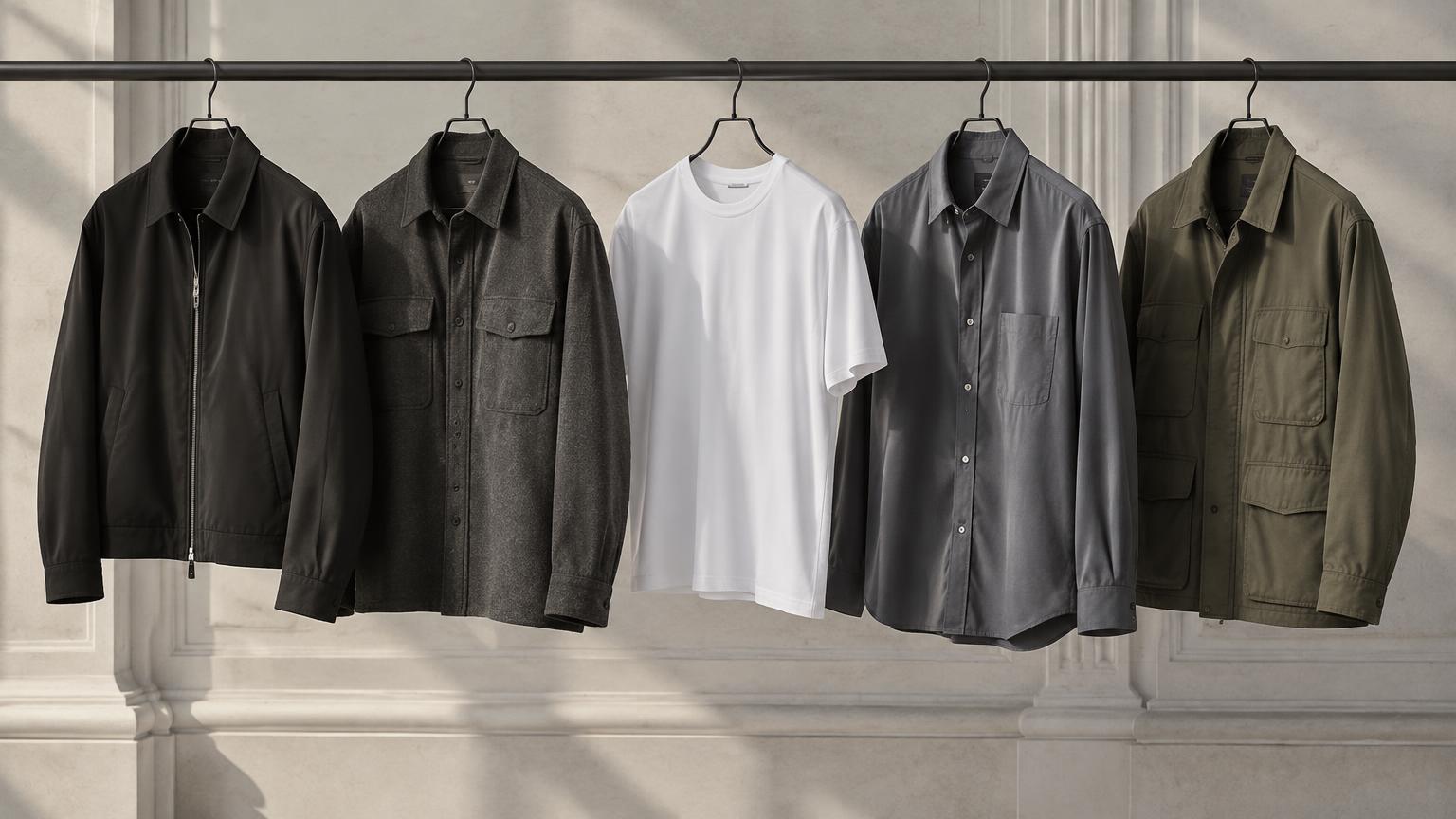 Un portant de vêtements coordonnés noirs, anthracite, blancs, gris et olive.