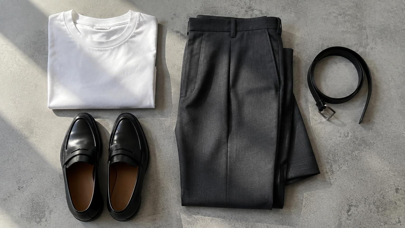 T-shirt blanc, pantalon anthracite, mocassins noirs et ceinture disposés ensemble.