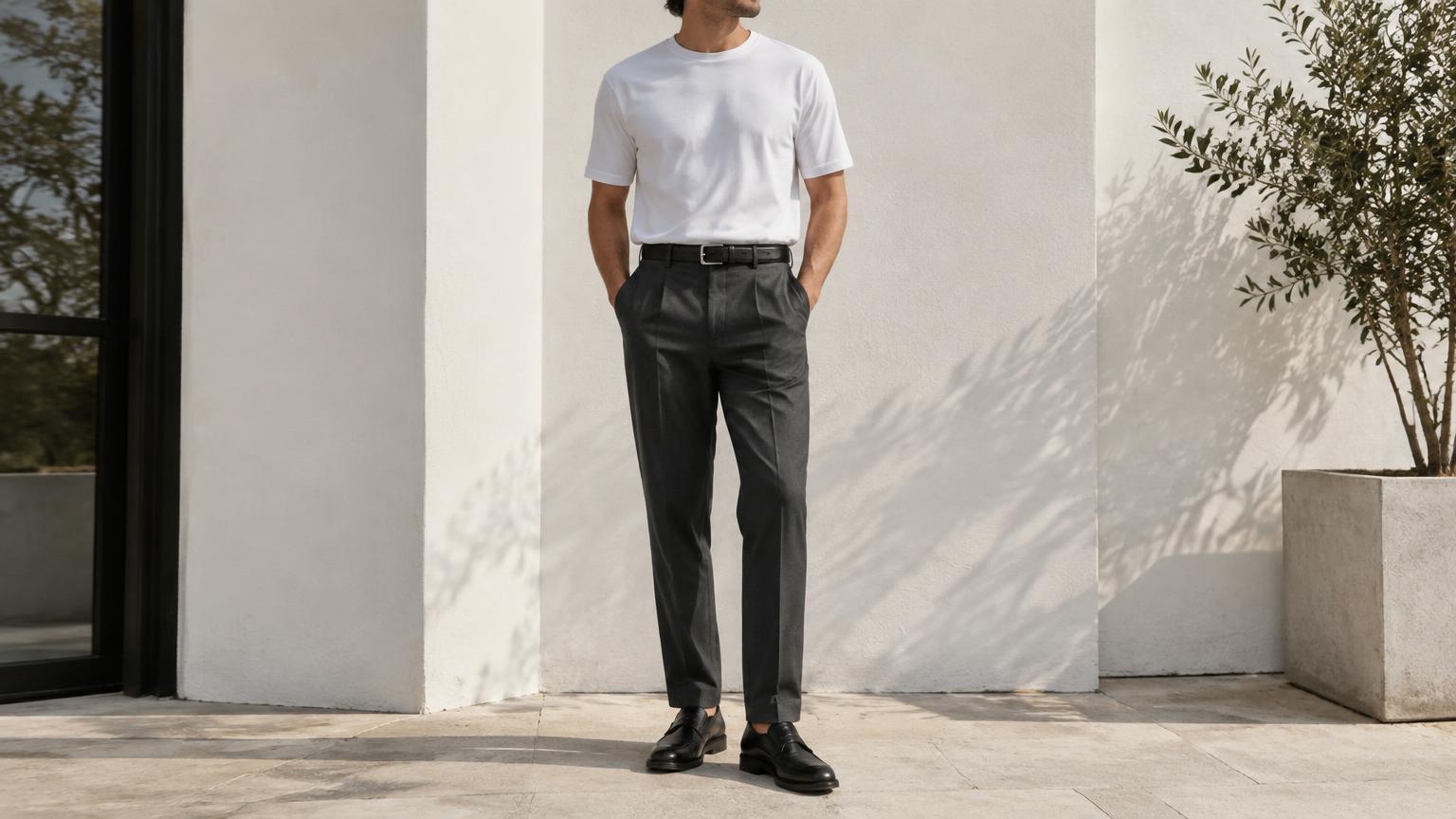 T-shirt blanc à la coupe décontractée, pantalon anthracite aux proportions équilibrées et chaussures noires.