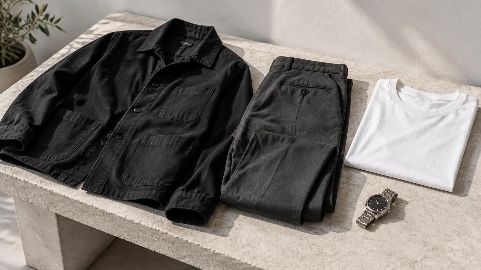 Veste noire, pantalon anthracite, t-shirt blanc et montre en acier.