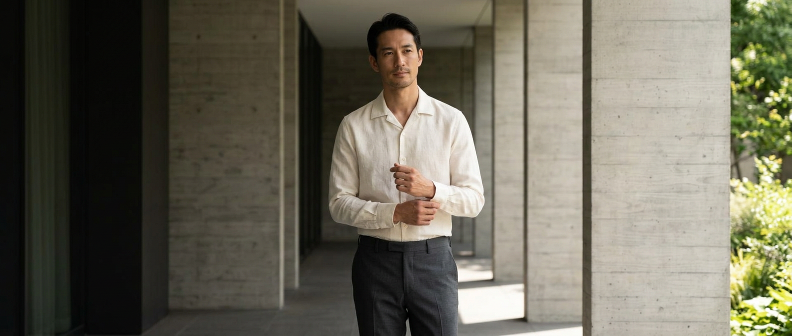 A folded stone linen shirt and clean white cotton T-shirt laid flat on a dark slate surface