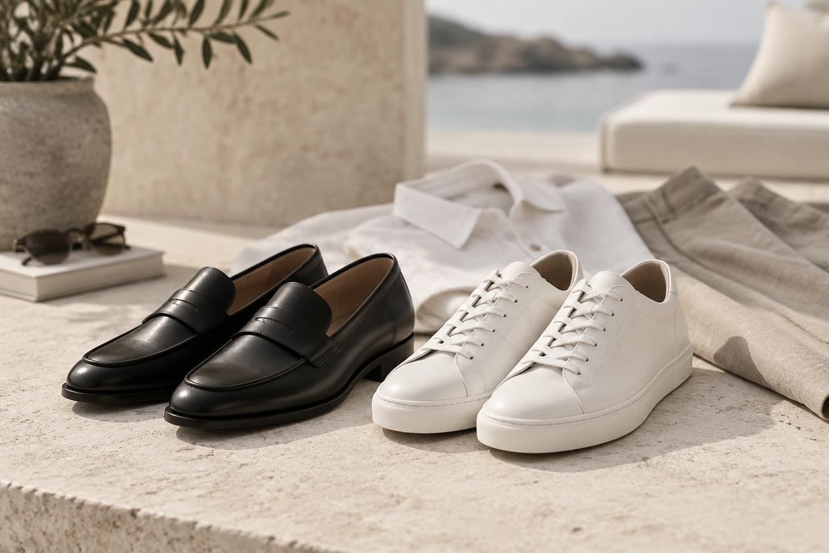 Clean black loafers and minimal white trainers arranged with lightweight neutral summer clothing