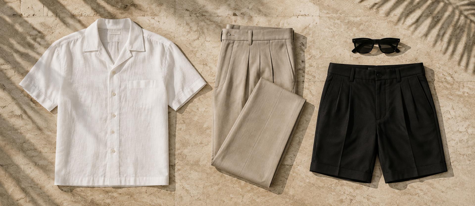 A minimalist men's summer outfit laid flat on warm stone with sunglasses and tailored pieces