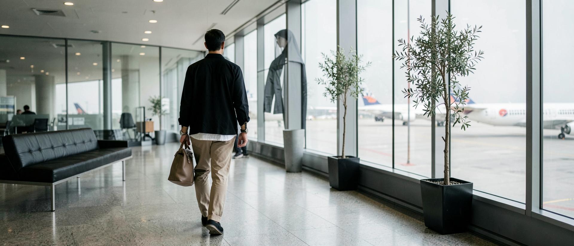 A man in a black overshirt, white T-shirt, stone trousers and black slip-ons carrying a neutral travel bag