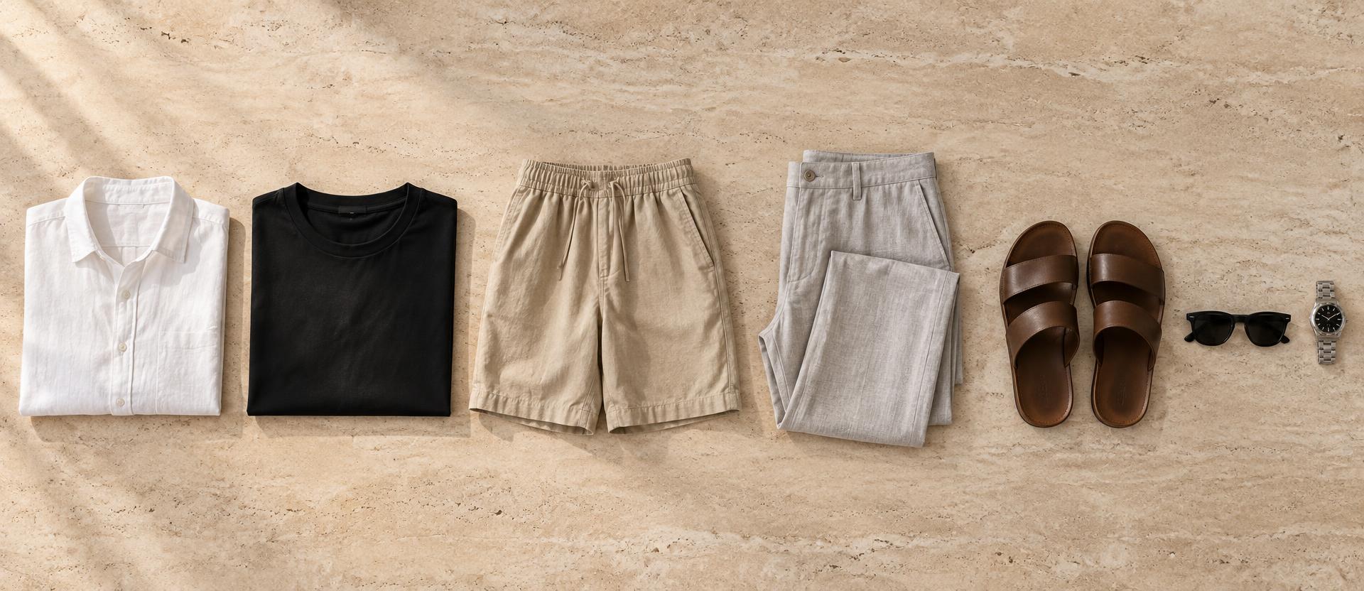 A neatly arranged minimalist summer wardrobe with T-shirts, shirts, shorts, trousers, shoes and accessories